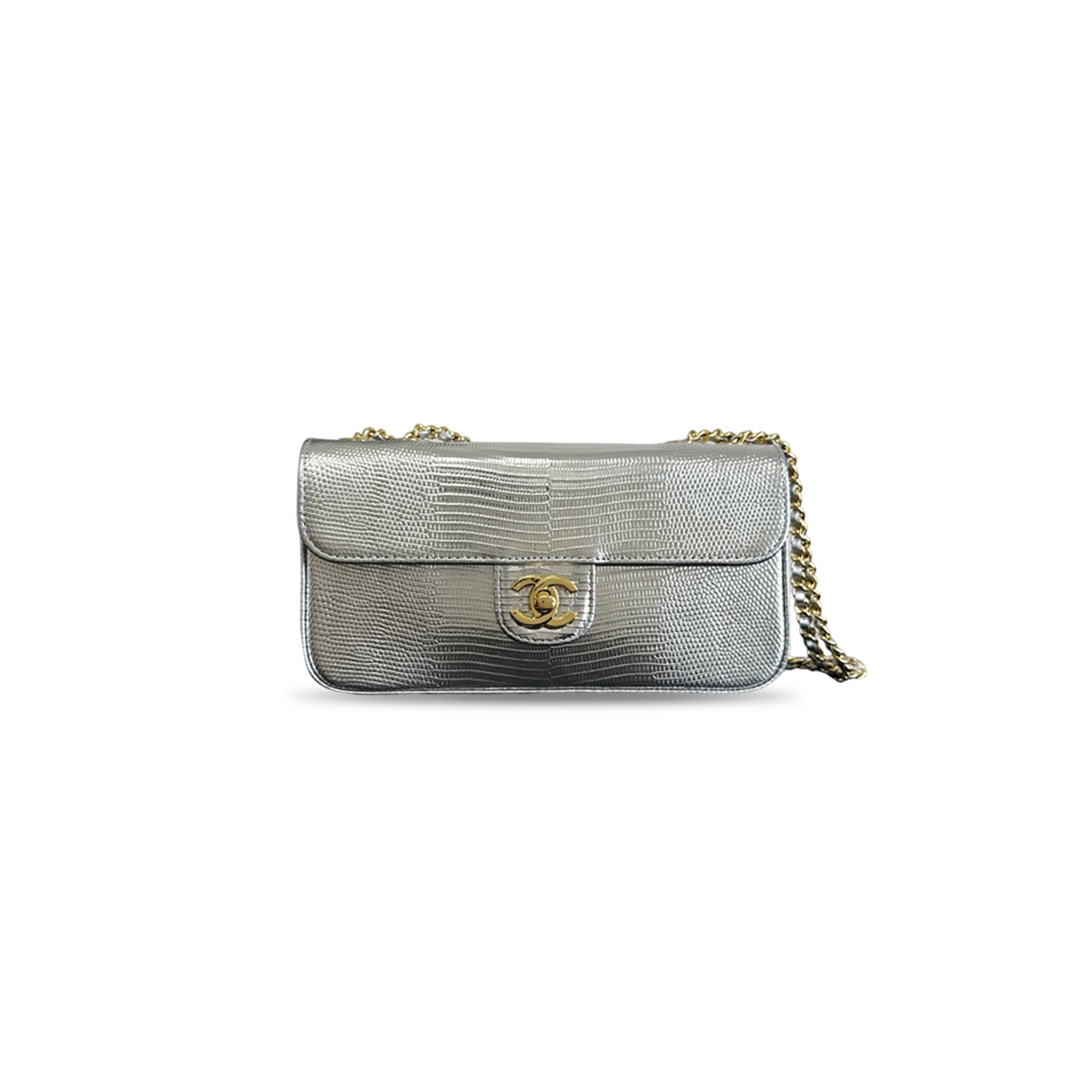 CHANEL MASTER METALLIC CALFSKIN LIZARD EMBOSSED SMALL EAST WEST FLAP GOLD (21.5*12*4cm)